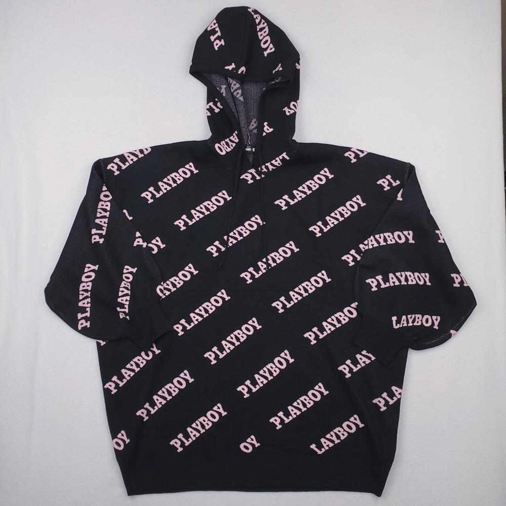 Playboy Missguided Sweater Women Extra Large Black Pink Oversize Spellout Hoodie